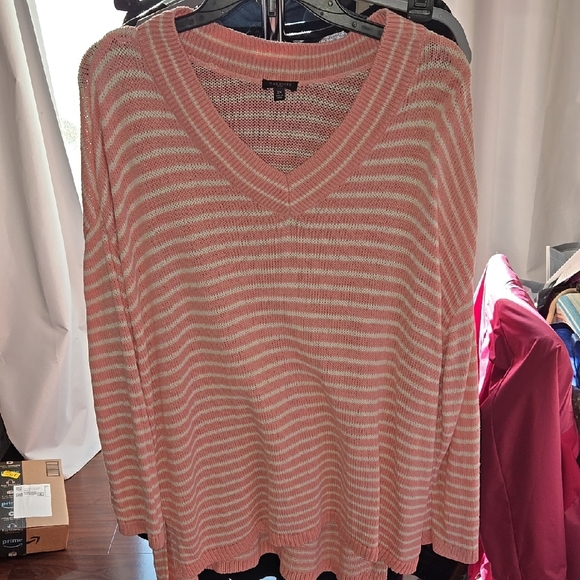 Striped Pink and White Women's Sweater - Picture 1 of 6